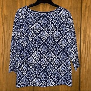 Talbots Navy and White Floral Long Sleeve Top
